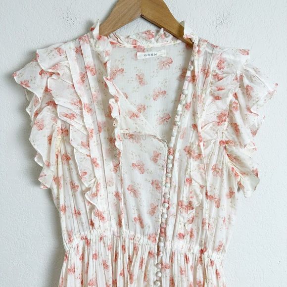 DOEN Carnation Dress Size Small White Poppy Pink Floral Maci Flutter Cotton - Picture 5 of 16